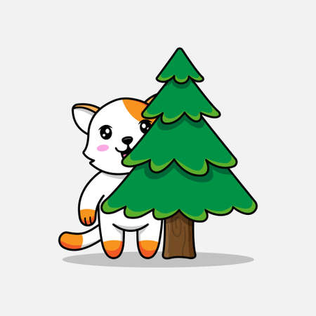 Cute cat hiding behind the treeのイラスト素材