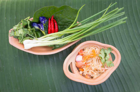 Yem Wunsen or Spicy vermicelli salad serve with vegetable, This is spicy thai food.の写真素材