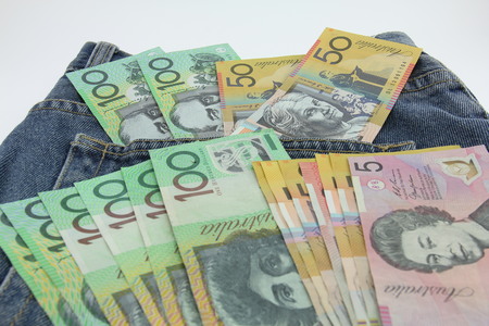 Australia dollar in the pocket of blue jean.の写真素材