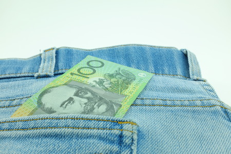 Australia dollar in the pocket of blue jean.の写真素材