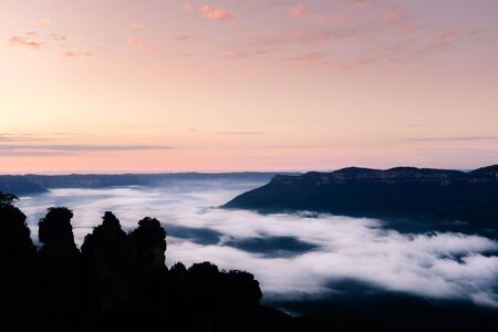Silhouette three sister rock, Blue mountain national park, Australia.の写真素材
