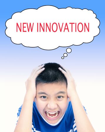 Boy with new innovation speech for business concept background. (Vintage tone filter effect)の写真素材