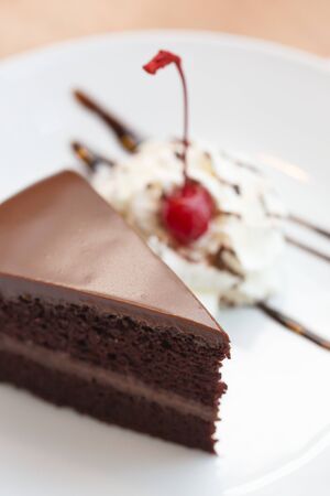 Chocolate cake on the white plate. (Selected focus)の写真素材