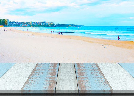 Plank wood with watercolor painting white sand and blue sea. Can use for montage or marketing your...