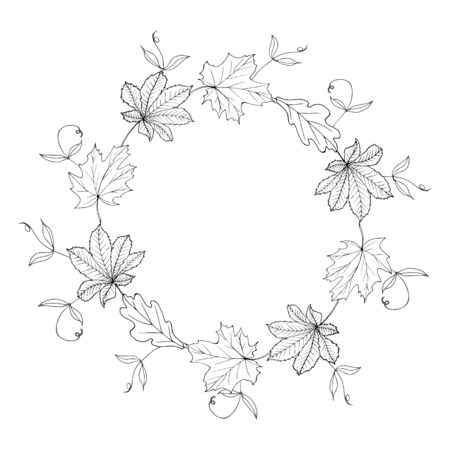 Monochrome wreath of autumn leaves. Round frame with leaves for fashion, greetings, background for save the dates. Black and white. Vintage. Vector.のイラスト素材