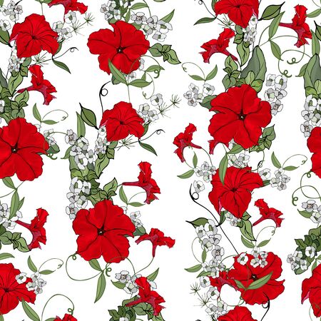 Seamless floral pattern with bright red petunia,white flowers and green leaves on white background. Hand drawn. For design, textile, print, wallpapers, wrapping paper. Vector stock illustration.のイラスト素材