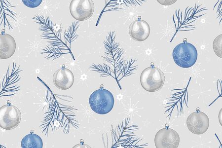 Seamless pattern with Christmas tree branches, snowflakes and silver blue balls on gray background. For festive season design, textile, print, wallpapers, greeting cards, invitation, posters. Vector.のイラスト素材