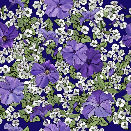 Seamless pattern with violet petunias and green leaves on blue background. Floral pattern for textile, wallpapers, print, web pages, greeting cards.のイラスト素材