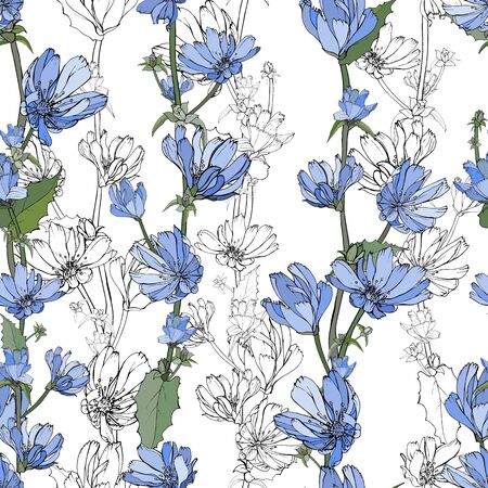 Hand drawn floral seamless pattern with blue Chicory,black outline flowers,branch and green leaves on white background. For your design, textile, wallpapers, print, greeting.Vector stock illustration.のイラスト素材