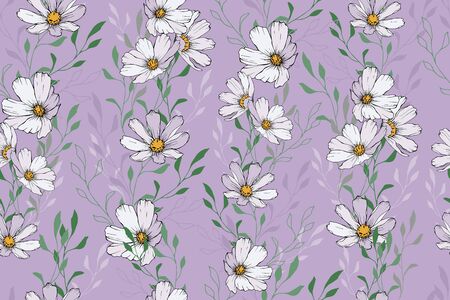 Seamless floral pattern with white cosmos flowers and green leaves on purple background. Hand drawn. For design, textile, print, wallpapers, wrapping paper. Vector stock illustration.のイラスト素材