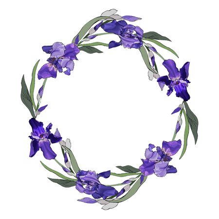 Floral round frame of purple flowers irises and green leaves. Isolated on a white background. Place for text. Wreath for your design, greeting cards, invitation. Vector stock illustration.のイラスト素材