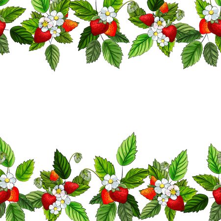 Frame with red strawberry, green leaves and white flowers. Copy space. Hand drawn. Colorful composition for design menu, greeting card, label. Vector stock illustration.のイラスト素材