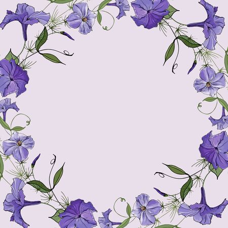 Summer frame with flowers violet petunia on light purple background. Copy space. For your design, greeting cards, save the dates. Floral vector stock illustration.のイラスト素材