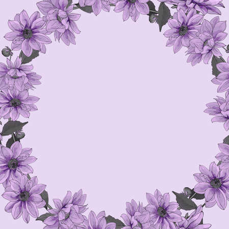 Vector floral frame of purple flowers. Frame with dahlias and leaves on light violet background. Design for invitation template, greeting card, saving the date card.のイラスト素材