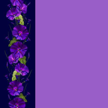Vector floral brush with blue morning glory and green leaves on navy blue background. Seamless vertical border. Flowers for your design.のイラスト素材