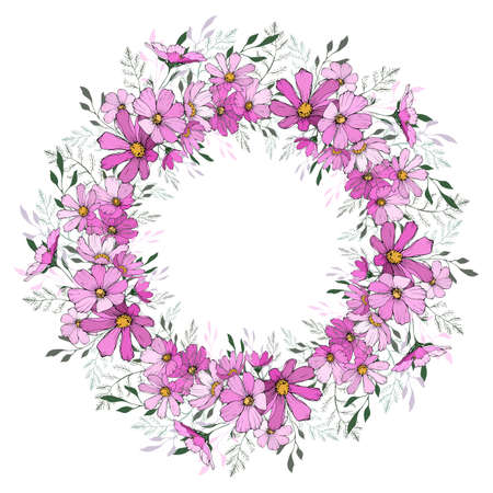 Floral wreath. Round frame with pink cosmos flower and green leaves. Hand drawn. Design for greeting card, wedding invitation.のイラスト素材