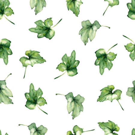 Hand drawn watercolor seamless pattern with green leaves on white background. Illustration for digital paper, wrapping paper, textiles, fabric, wallpaper.の写真素材