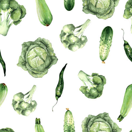 Watercolor seamless pattern with green vegetables on a white background: cabbage, cucumber, broccoli, pepper, zucchini. Hand-drawn. Illustration for kitchen, textiles, fabrics, wrapping paper.の写真素材