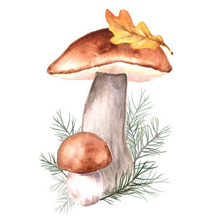 Watercolor composition with forest mushrooms, isolated on white background. Hand drawn. Fall illustration for design, autumn card.の写真素材