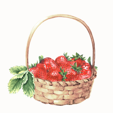 Watercolor illustration of a basket with red ripe strawberries, isolated on a white background. Hand drawn berries for design.のイラスト素材