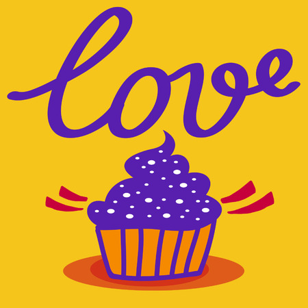 Love on coloured background. Hand drawn design elements. Logo sweets with cream. Dessert.