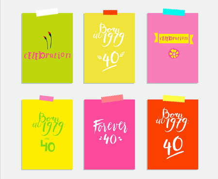 Sign: born in 1979, celebration. Vector illustration of bright color background with flower, sign, 40, minimal dynamic cover design. Poster template, celebration card, invitation card.のイラスト素材