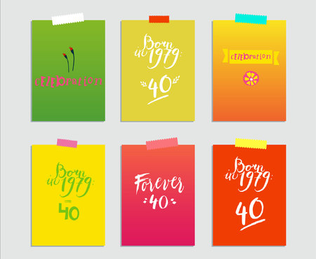Sign: born in 1979, celebration. Vector illustration of bright color background with flower, sign, 40, minimal dynamic cover design. Poster template, celebration card, invitation card.のイラスト素材