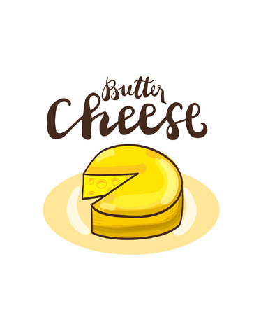 Sign Butter Cheese and cheese isolated on a white background, symbol for your web, label, icon, poster, minimal dynamic cover design. Hand drawn design elements. Vector illustration.のイラスト素材