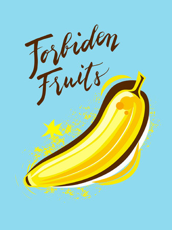 Sign Forbiden Fruits and Animation of Banana, icon for your web, label, icon, poster, minimal dynamic cover design. Hand drawn design elements. Vector illustration.のイラスト素材