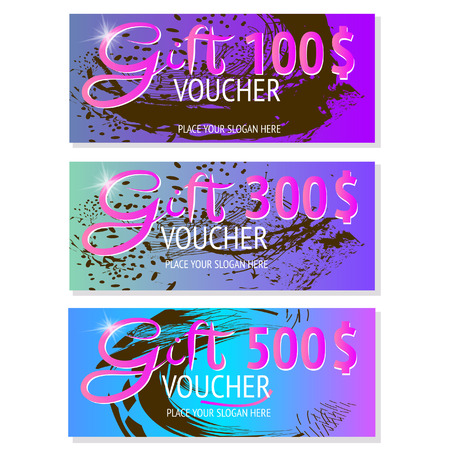 Set of three gift voucher template, certificate. Background design coupon, currency. Vector.のイラスト素材