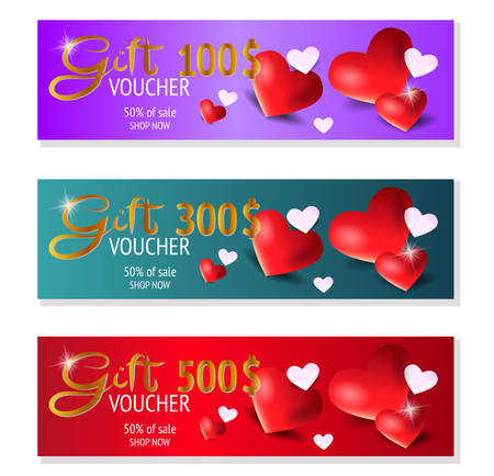 Set of three gift voucher template with heart, certificate. Background design coupon, currency. Vector.のイラスト素材