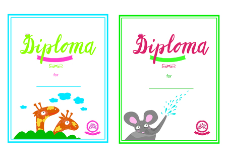 Certificate of kindergarten and elementary, Diploma template diploma template, Diploma template for kindergarten students, Certificate of kids diploma, vector illustrationのイラスト素材