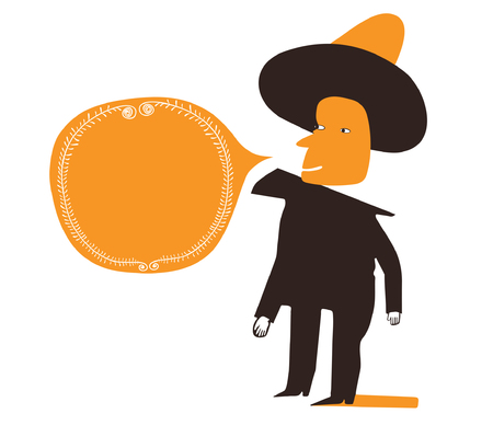 Cartoon character with hat and speech bubble with ornaments. Vector.のイラスト素材