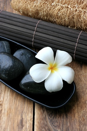 White frangipani with zen stoneの写真素材