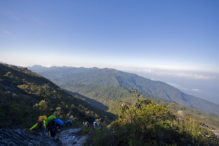 Pahang,Malaysia-March 15:Trekkers at the trails of Mount Tahan on 15 March 2016 in Taman Negara (National Park), Malaysia. Mount Tahan is the highest peak in Peninsula Malaysia.のeditorial素材