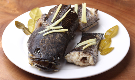 Steamed snake head fish with gingerの写真素材