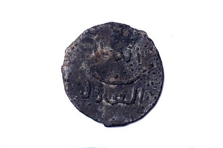 Ancient tin coin of Sultan Ahmad Shah ibni Almarhum Sultan Mahmud Shah (Sultan of Malacca) 1511 to 1513.The last sultan of the Malaccan sultanate. Reserve viewの写真素材