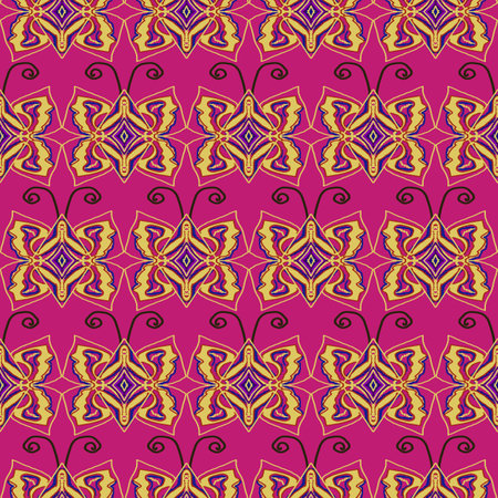 Seamless pattern with mandalas in violet and yellow colorsの写真素材