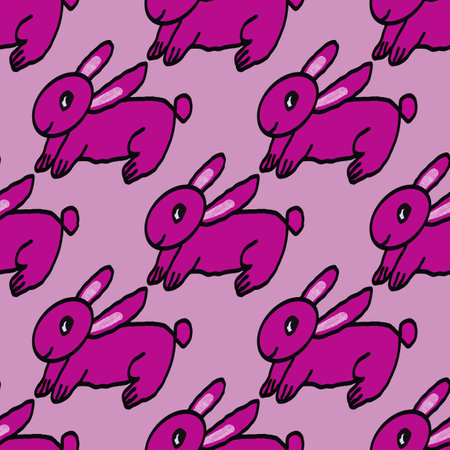 Seamless pattern with cute pink rabbits on a purple background.の写真素材