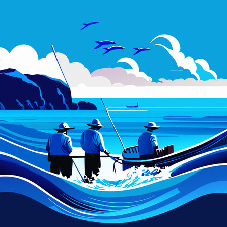 Fishermen on the boat in the sea. Generative AIの素材