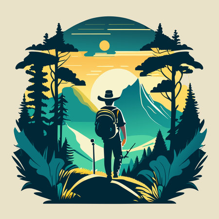 illustration of a man with a backpack and a hat in the mountains. Generative AIの素材