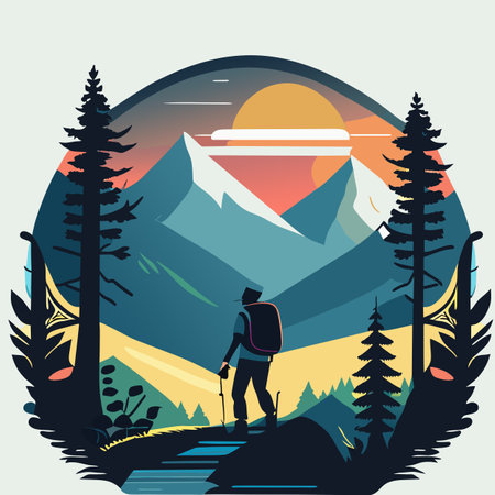 Hiking in the mountains. illustration of a hiker with a backpack on his back. Generative AIの素材