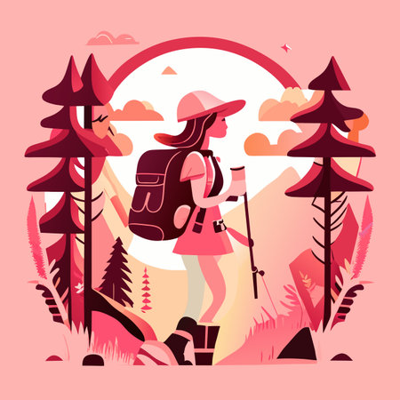 Tourist girl in hat with backpack in the forest. Generative AIの素材