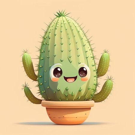 Cute cartoon cactus character in a pot. Generative AIの素材