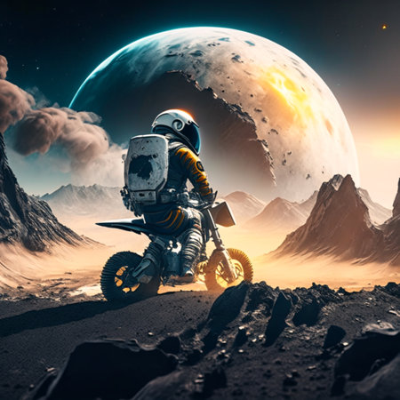 Racing motorcycle on the background of the planet. AI Generatedの素材