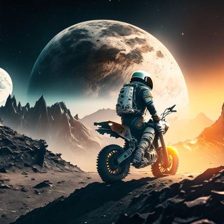 3D rendering of a man on a motorcycle in the space. AI Generatedの素材