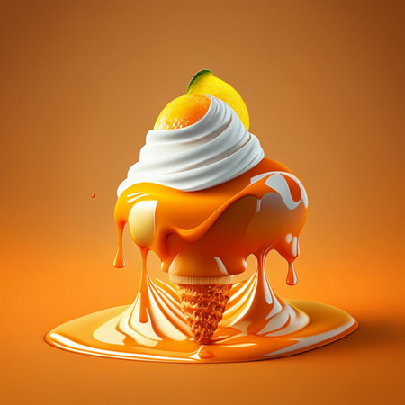Melted caramel ice cream on orange background. AI Generatedの素材