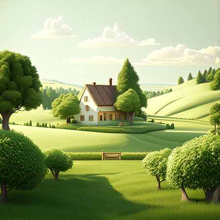 Countryside landscape with farm house . AI Generatedの素材