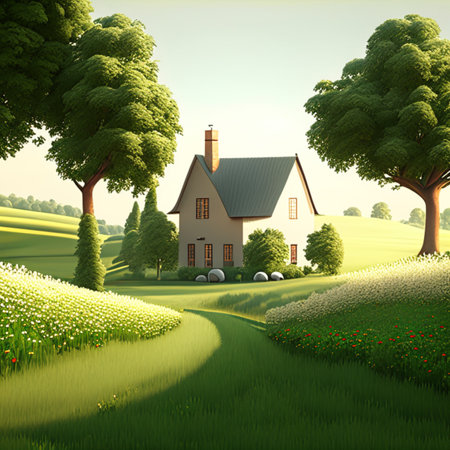 Countryside landscape with farm house and green meadow, AI Generatedの素材
