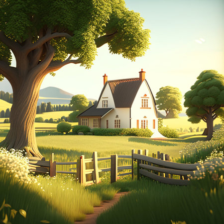 house in the meadow with tree and fence. AI Generatedの素材